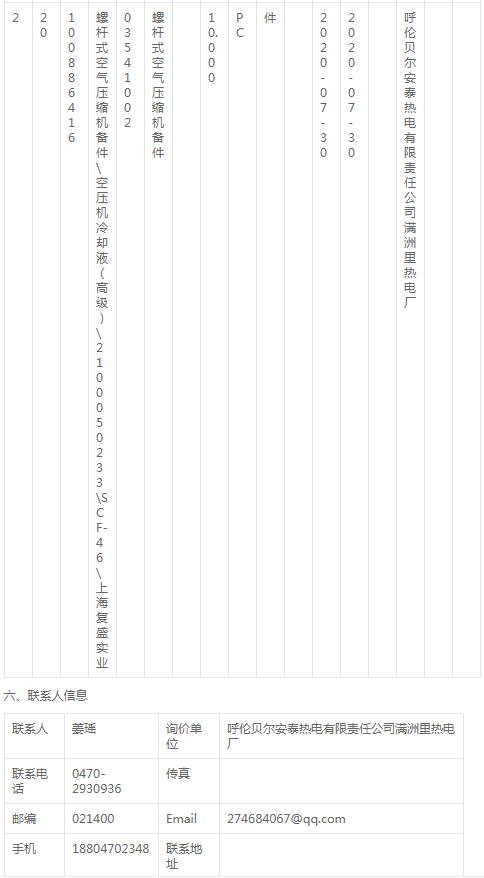 華能滿洲里熱電廠運行部購空壓機備件詢價公告