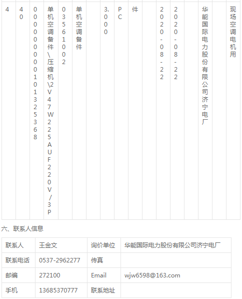 華能國際濟(jì)寧電廠空調(diào)壓縮機(jī)及配件詢價公告