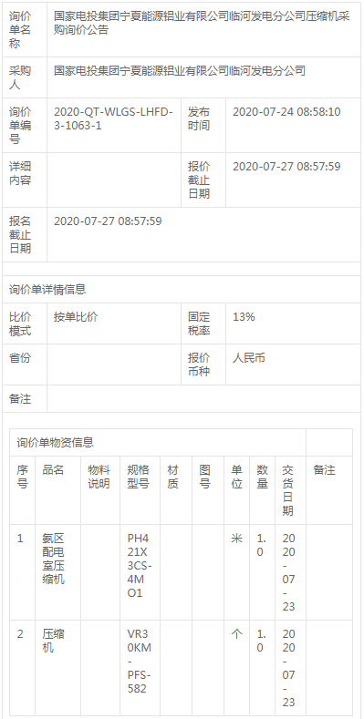 寧夏能源鋁業(yè)有限公司臨河發(fā)電分公司壓縮機詢價公告