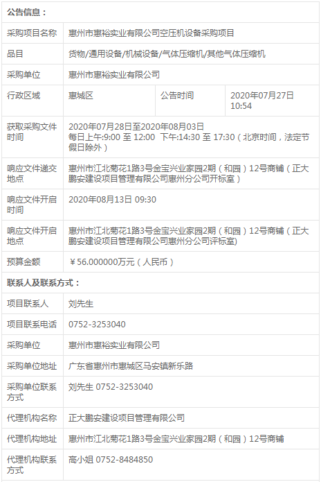 惠州市惠裕實業(yè)空壓機設備采購項目競爭性磋商公告